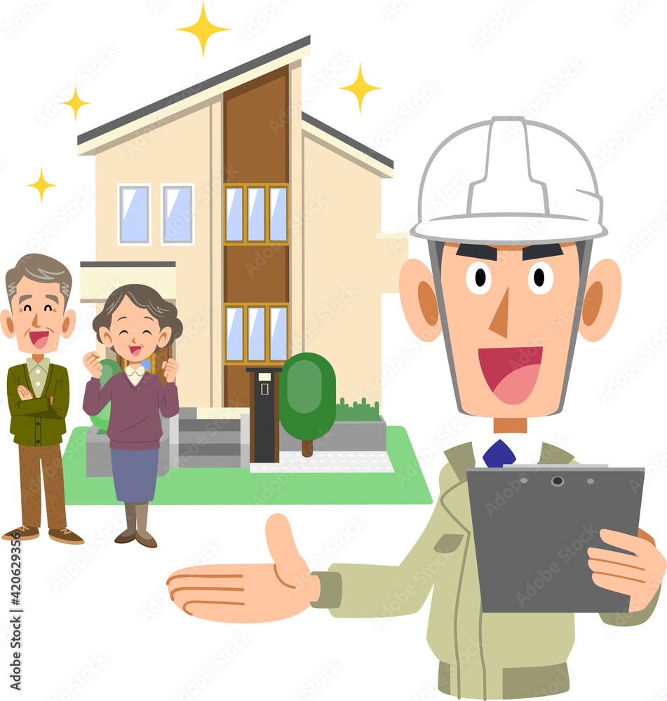 建築業者と新しい住宅の前で笑顔のシニア夫婦
