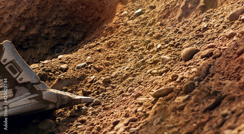 Close-up of a large shovel of an excavator. The teeth of the excavator bucket. Earth-moving equipment.
