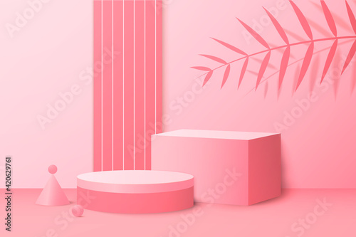 Background vector 3d pink rendering with podium and minimal pink wall scene  minimal abstract background 3d rendering abstract geometric shape pink pastel color. Stage for awards on website in modern.