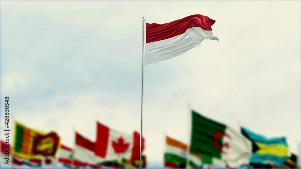 Indonesia Flag With Flags Of The World And Fireworks Moring And Night 3D Render Indonesia Flag With Flags Of The World And Fireworks Moring And Night 3D Render