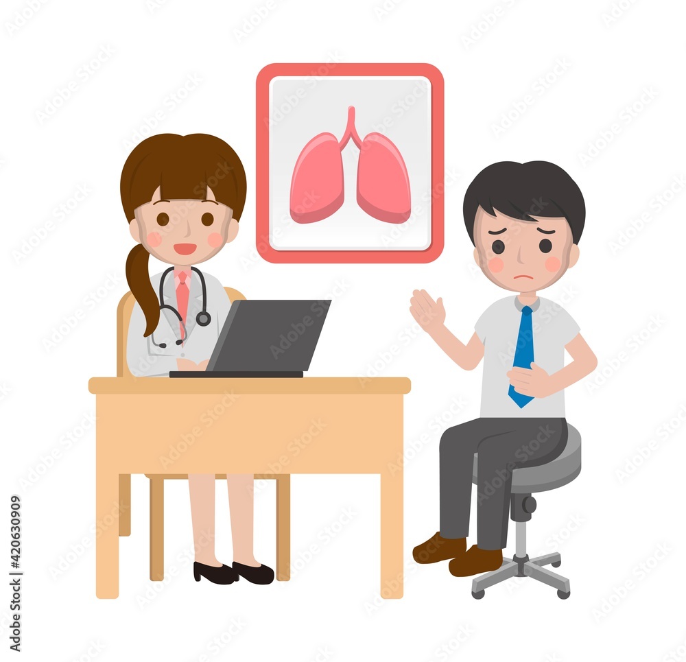 Man with doctor, lung disease cartoon comic vector Man with doctor, lung disease cartoon comic vector