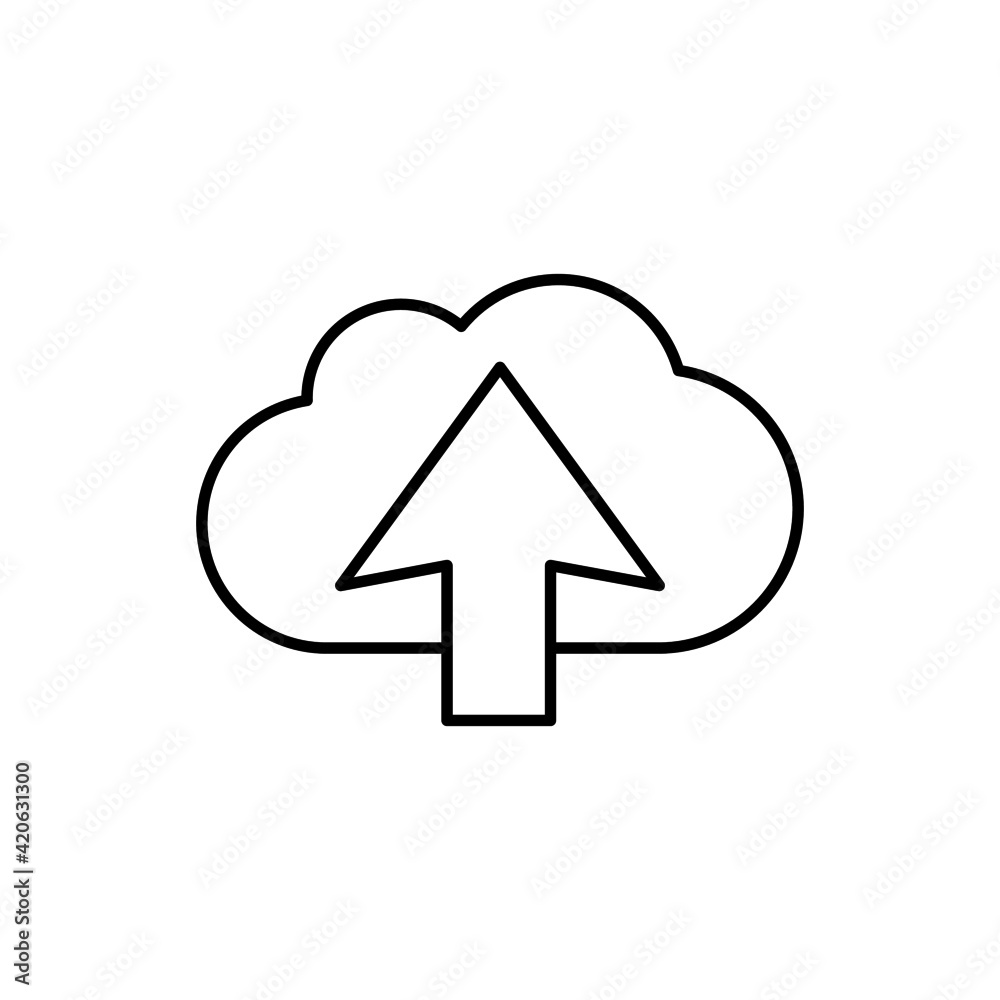 Upload data, on cloud icon in flat black line style, isolated on white background Upload data, on cloud icon in flat black line style, isolated on white background