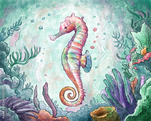 Seahorse Watercolor Illustration photo