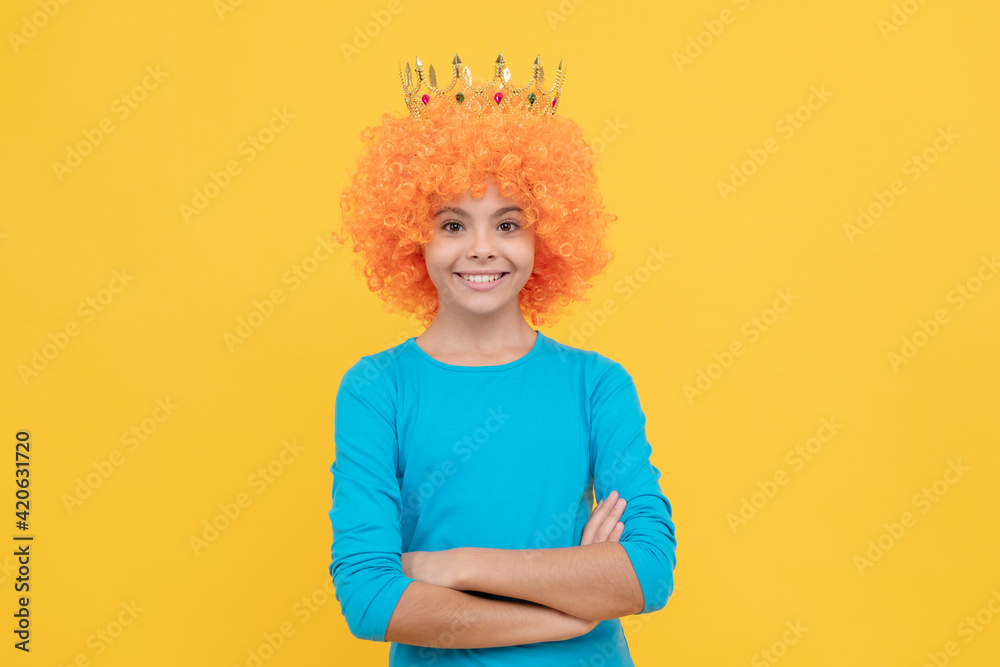 higher standard. teen girl in tiara. being a clown. april fools day. happy childhood.