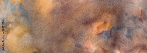 Brown with gray, yellow and orange tints. Narrow art background of watercolor stains in natural colors. Imitation ceramic glaze or old marble. Abstract horizontal illustration for banner