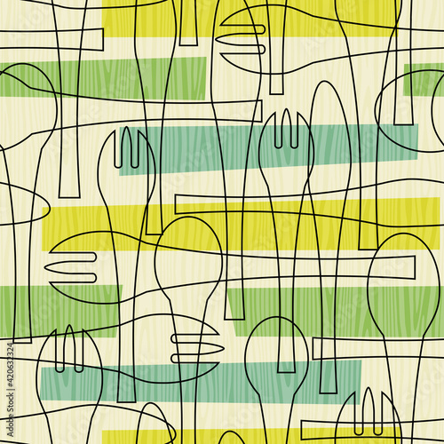 Seamless pattern of forks, spoons and knives. Retro mid century style design with tableware theme. For backgrounds, print and fabric design. Vector illustration.