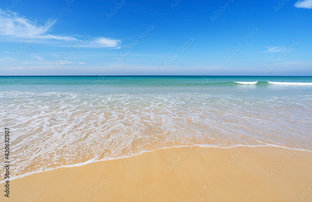 Tropical Beach in summer season at karon beach Phuket Thailand Concept Travel and tour.Empty beach deserted and New normal after covid-19 karon beach is famous tourist destination at Phuket island