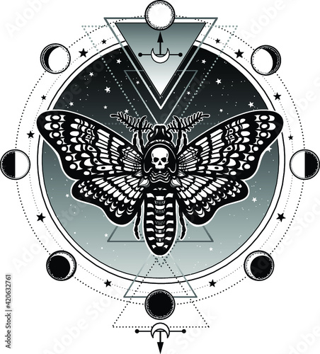  Mystical symbol moth Dead Head. Sacred geometry. Star sky, phases of the moon. Alchemy, magic, esoteric, occultism. Vector illustration isolated on a white background. Print, poster, t-shirt, card.