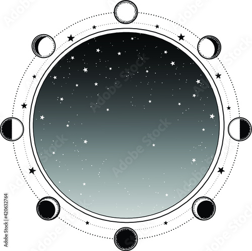 Monochrome background: night star sky, Sacred geometry. Place for the text. Alchemy, magic, esoteric, occultism. Vector illustration isolated on a white background. Print, poster, t-shirt, card.