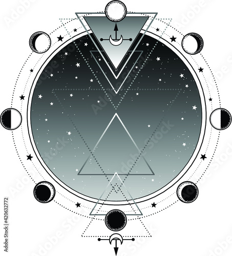 Monochrome background: night star sky, Sacred geometry. Place for the text. Alchemy, magic, esoteric, occultism. Vector illustration isolated on a white background. Print, poster, t-shirt, card.