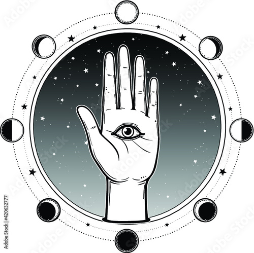 Mystical symbol: the human hand has a divine all-seeing eye. Sacred geometry. Alchemy, magic, esoteric, occultism. Vector illustration isolated on a white background. Print, poster, t-shirt, card.