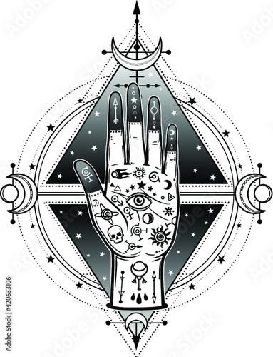 Human hand painted with magic symbols. Background - the star sky, sacred geometry, signs of the moon. Alchemy, esoteric, occultism. 
Vector illustration isolated. Print, poster, t-shirt, card.