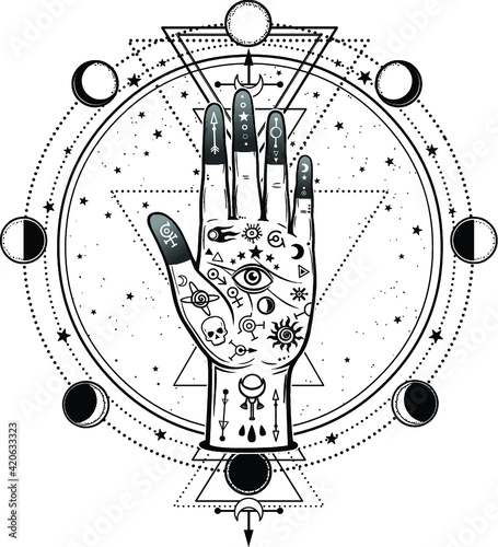 Mysterious drawing: divine hand, providence eye, sacred geometry, phases of the moon. Esoteric, mysticism, occultism. Vector illustration isolated on a white background. Print, poster, t-shirt, card.