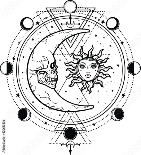 Mystical drawing: sun and  moon with human faces, circle of a phase of the moon. Sacred geometry. Alchemy, magic, esoteric, occultism. Vector illustration isolated on a white background.