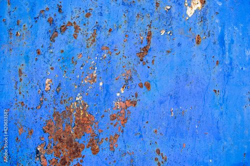 Texture of corroding metal with grungy blue paint