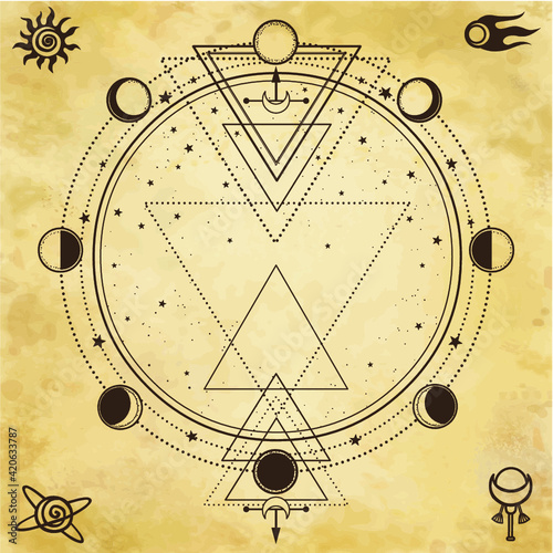 Wallpaper Mural Mysterious background: sacred geometry, phases of the moon. Place for the text.Background - imitation of old paper. Esoteric, mysticism, occultism. Print, poster, t-shirt, card. Vector illustration. Torontodigital.ca