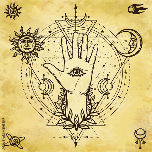 Mystical drawing: divine hand, all-seeing eye, circle of a phase of the moon.   Sacred geometry. Background - imitation of old paper. Vector  illustration. Print, poster, t-shirt, card.