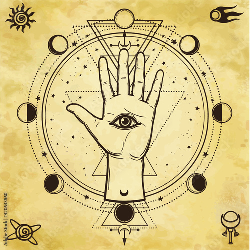 Mystical drawing: divine hand, all-seeing eye, circle of a phase of the moon. Sacred geometry. Background - imitation of old paper. Print, poster, t-shirt, card. Vector Illustration. 