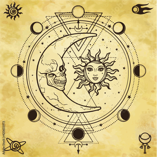 Mystical drawing: sun and  moon with human faces, circle of a phase of the moon. Sacred geometry. Alchemy, magic, esoteric, occultism. Background - imitation of old paper.  Vector Illustration.