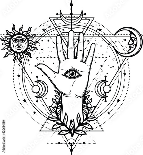 Mystical drawing: divine hand, all-seeing eye, circle of a phase of the moon.   Sacred geometry. Esoteric, paganism. Vector illustration isolated on a white background. Print, potser, t-shirt, card. 