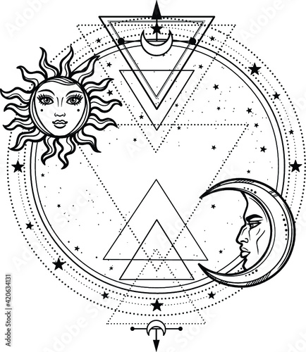 Mystical drawing: sun and  moon with human faces, a star circle. The place for the text. Sacred geometry. Vector illustration isolated on a white background. Print, potser, t-shirt, card. 
