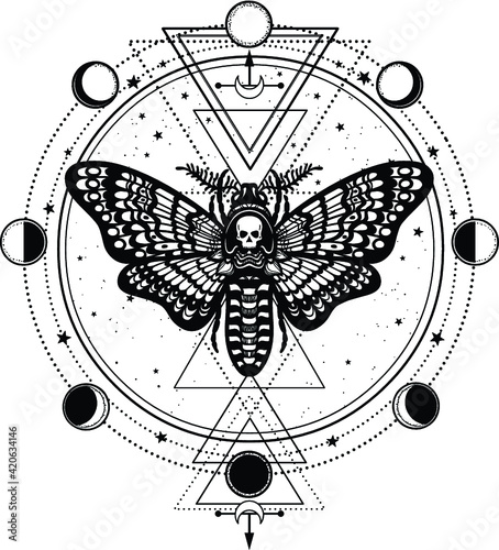 Mystical drawing: Moth Dead Head, circle of a phase of the moon. Sacred geometry.  Alchemy, magic, esoteric, occult. Vector illustration isolated on a white background. Print, poster, t-shirt, card.