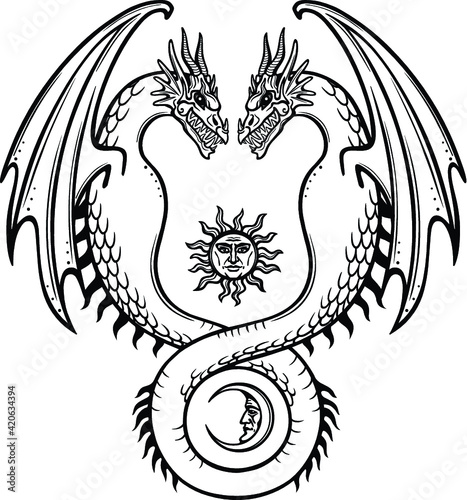 Mystical drawing: a double dragon, Uroboros, a snake with two heads. Alchemy, magic, esoterics, occultism, fairy tale. Symbols of the sun and moon. Vector illustration isolated on a white background.