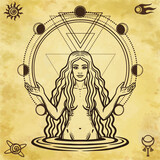 Mystical drawing: the female goddess, Circle phase of the moon. Magic, esoteric, occultism, fairy tale. Space symbols. Background - imitation of ancient paper.  Vector illustration.