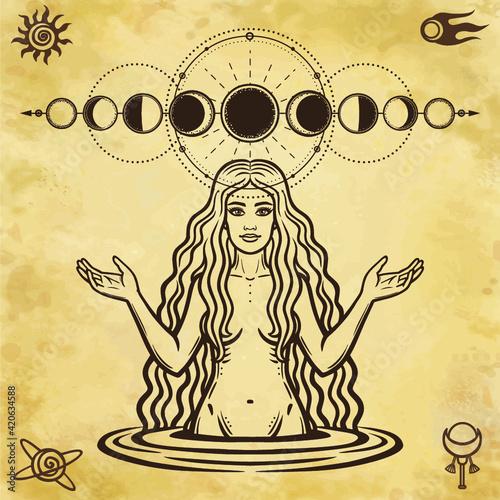 Mystical drawing: the female goddess with long hair. Phase of the moon. Space symbols. Magic, esoteric, occultism, fairy tale. Background - imitation of ancient paper.  Vector illustration.