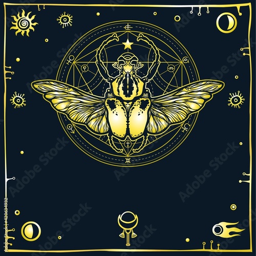 Image of the stylized bug Goliath, a decorative frame. Alchemical circle of transformations. Esoteric, mysticism, occultism. Print, poster, t-shirt, card. Vector illustration. The place for the text.