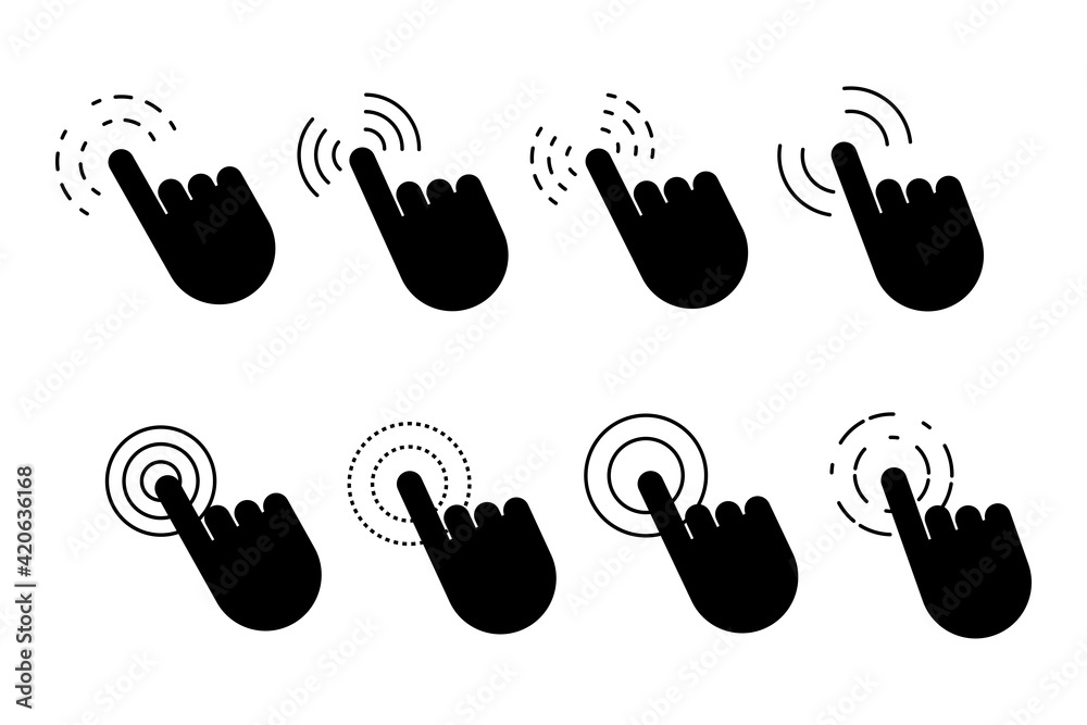 Fototapeta premium Black finger cursor set. Click here web button sign. Hand click icon. Vector mouse pointer symbol. Stock image. EPS 10.