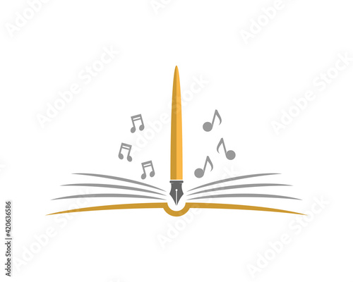 Pen and book with flying music notes