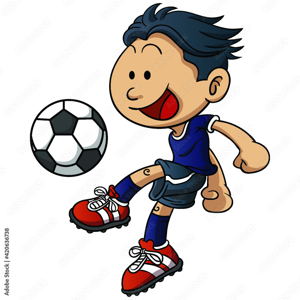 Boy playing a soccer game. Kid attacking swinging leg to kickball to hit. Child in football uniform having fun and smiling. Flat vector character illustration