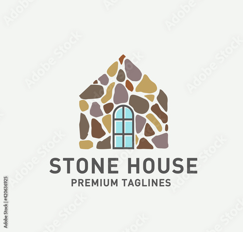 stone house logo vector,Home with stones shape logo design.creative house with build stones
