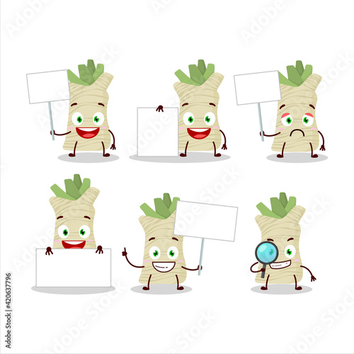 Horseradish cartoon in character bring information board