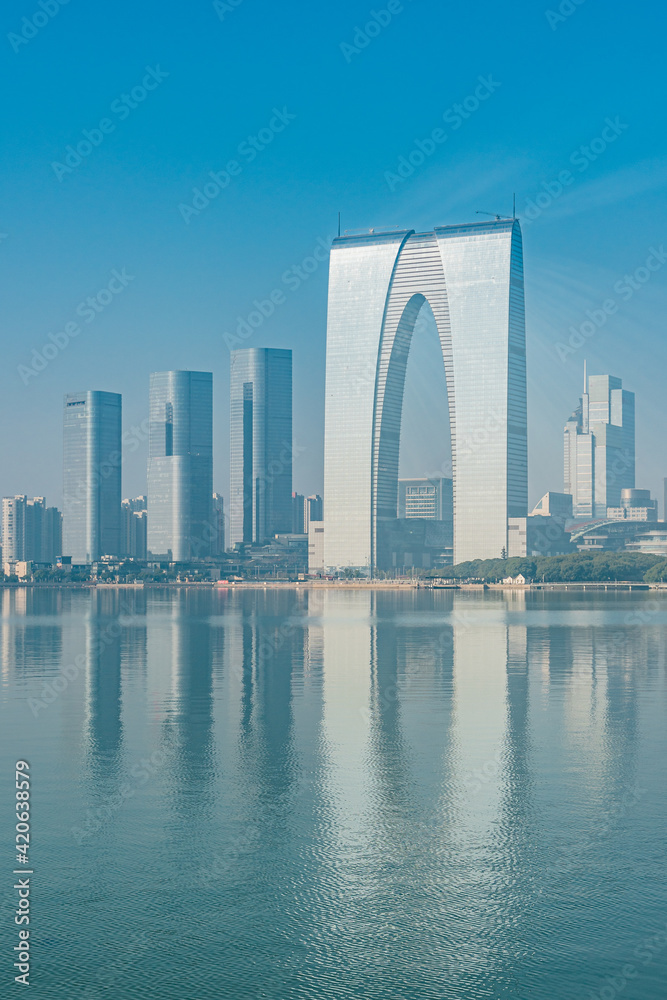 Obraz premium The modern skyline and Jinji lake in Suzhou, Jiangsu province, China.