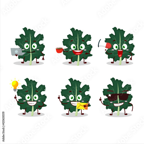 Kale cartoon character with various types of business emoticons