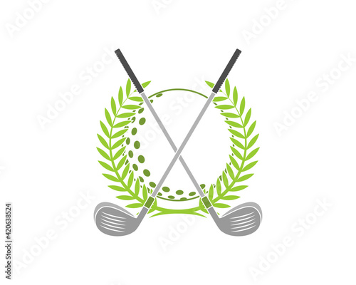 Stick golf crossed with golf ball behind
