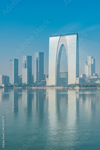 The modern skyline and Jinji lake in Suzhou, Jiangsu province, China.