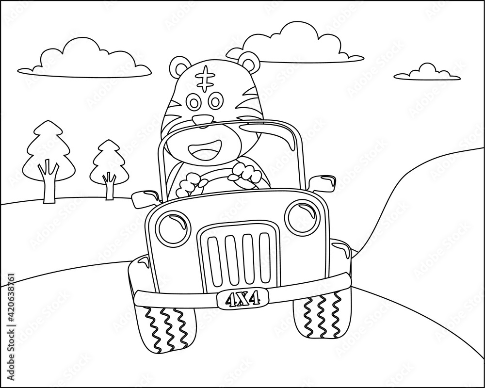 Fototapeta premium Cute tiger cartoon having fun driving a off road car in mountain on sunny day. Cartoon isolated vector illustration, Creative vector Childish design for kids activity colouring book or page.