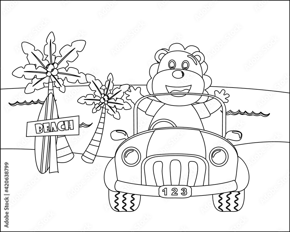 Cute lion cartoon having fun driving a city car on sunny day. Cartoon isolated vector illustration, Creative vector Childish design for kids activity colouring book or page.