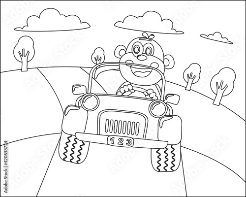 Cute monkey cartoon having fun driving a off road car in mountain on sunny day. Cartoon isolated vector illustration, Creative vector Childish design for kids activity colouring book or page.
