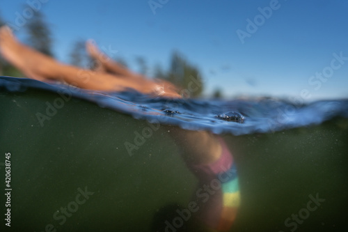 Soft focus spilt images of girl doing handstand in murky water