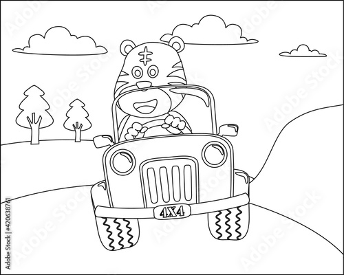 Cute tiger cartoon having fun driving a off road car in mountain on sunny day. Cartoon isolated vector illustration, Creative vector Childish design for kids activity colouring book or page.