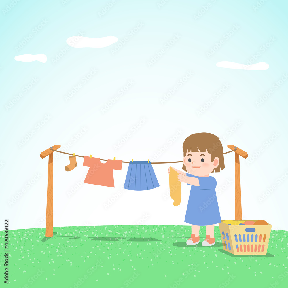 A girl lighten the load her parents housework by doing dry the clothes outdoor by herself. illustration vector. Kids Concept. A girl lighten the load her parents housework by doing dry the clothes outdoor by herself. illustration vector. Kids Concept.