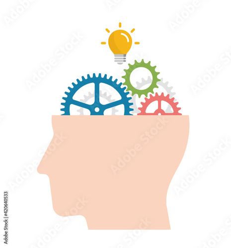 Flat vector Illustration of gear as a metaphor for the human brain ( Business , AI and inspiration )