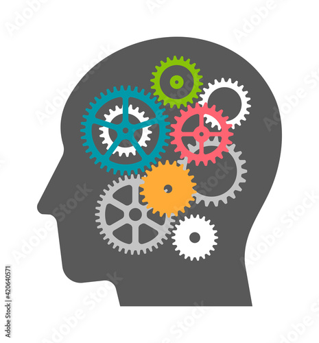 Flat vector Illustration of gear as a metaphor for the human brain ( Business , AI and inspiration )