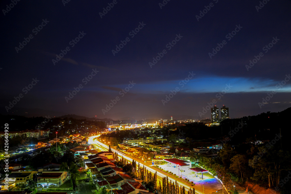The night time skyline of Kota Kinabalu side city at night 