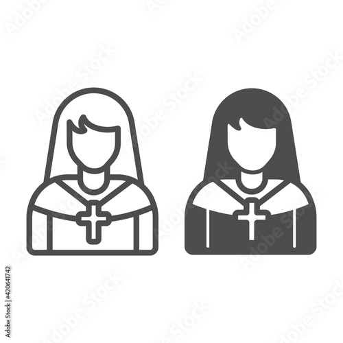 Avatar of nun with cross line and solid icon, Happy Easter concept, Priest woman sign on white background, Nun sister icon in outline style for mobile concept and web design. Vector graphics.