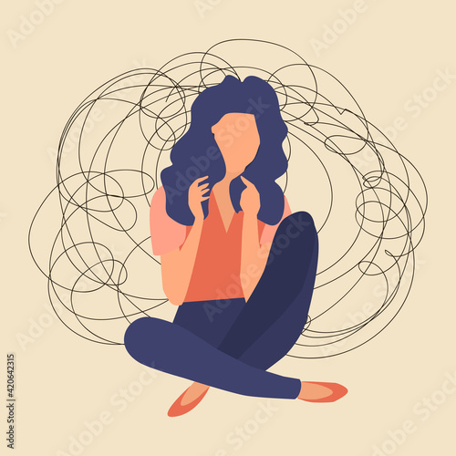 Young woman in a state of depression, confused situation, support is an opportunity and a chance with a tangle of thoughts on the background. Young sad girl sitting with bewildered thoughts. Vector.